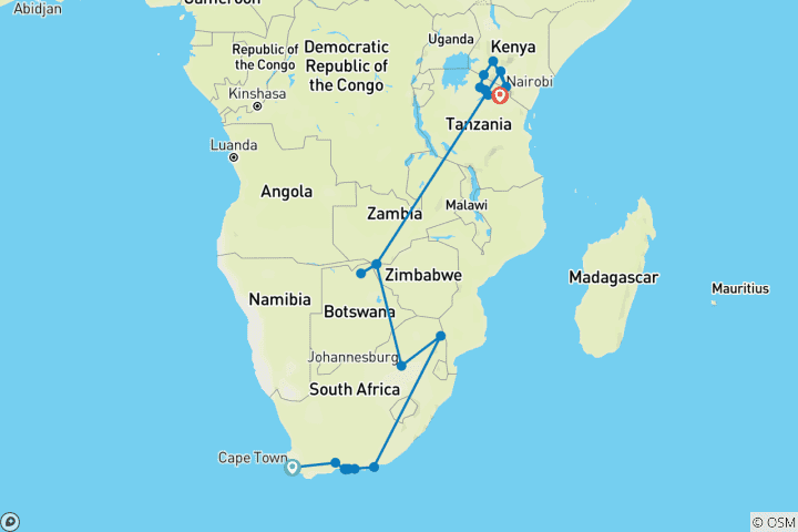 Carte du circuit Grand African Journey Cape Town → Kilimandjaro (2026)