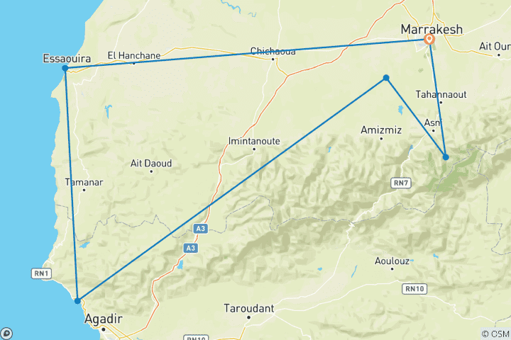 Map of Morocco Road Trip: Souks, Surf & Desert Glamping (12 destinations)