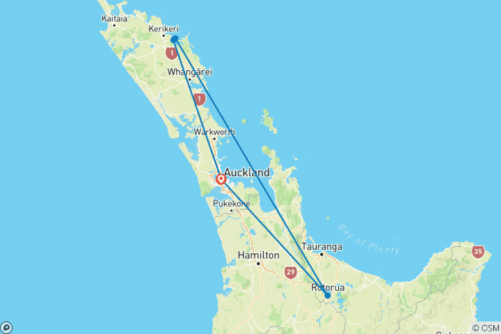 Kaart van Reisschema Noordereiland Nieuw-Zeeland 8-daagse