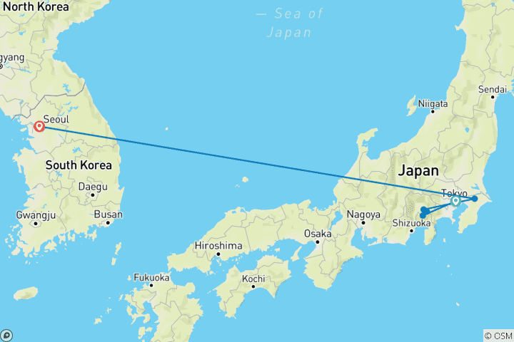 Kaart van 10 Daagse Japan & Korea Popcultuurreis (privégids en chauffeur)）Familiereis Aanpasbaar