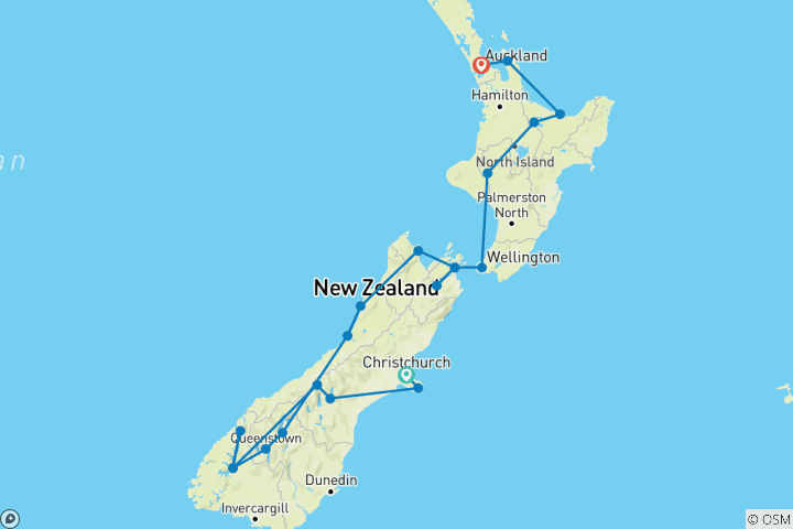 Karte von Fjorde, Vulkane & Begegnungen - Christchurch bis Auckland