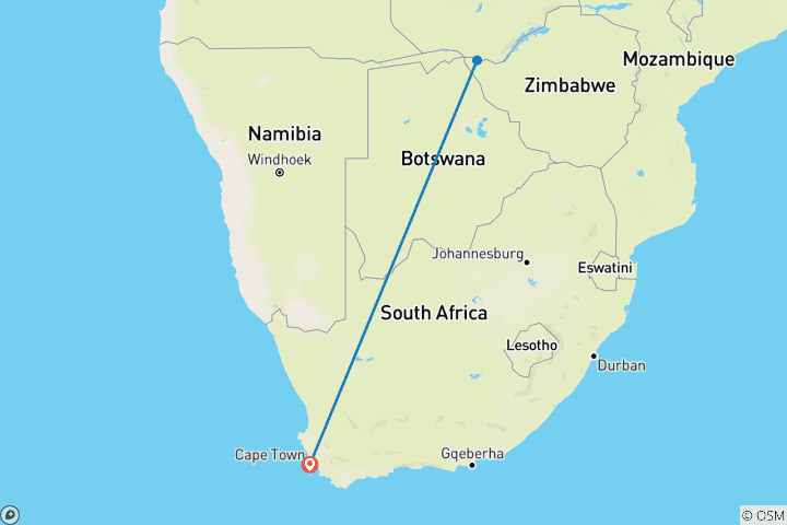 Map of 3 Day Victoria Falls from Cape Town