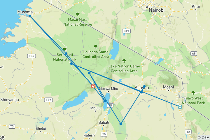 Kaart van 8 Dagen Wilde Vlakten van Tanzania
