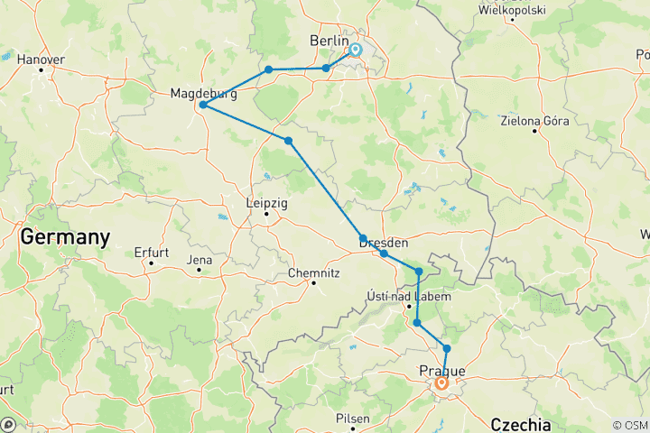 Carte du circuit Noël sur les plus belles haltes de l'Elbe et de la Vltava, entre Berlin et Prague