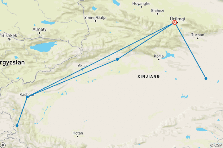 Map of Best of Xinjiang 18 Days: Urumqi, Kanas, Yili, Kuqa, Hotian, Kashgar etc.