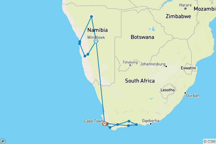 Carte du circuit La Namibie rencontre l'Afrique du Sud : Desert Roadtrip & Wildlife Glamping (15 destinations)