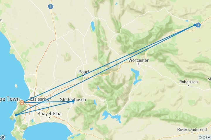 Carte du circuit 4 jours de safari au Cap et sur la Route des jardins