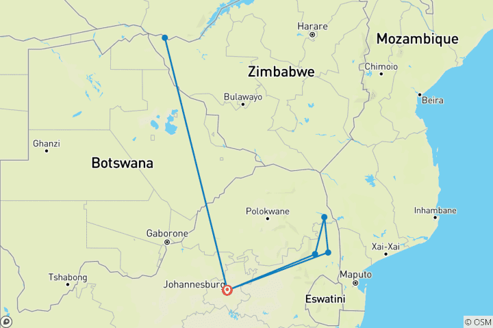Mapa de Safari económico de 6 días a las cataratas Victoria y el Parque Nacional Kruger