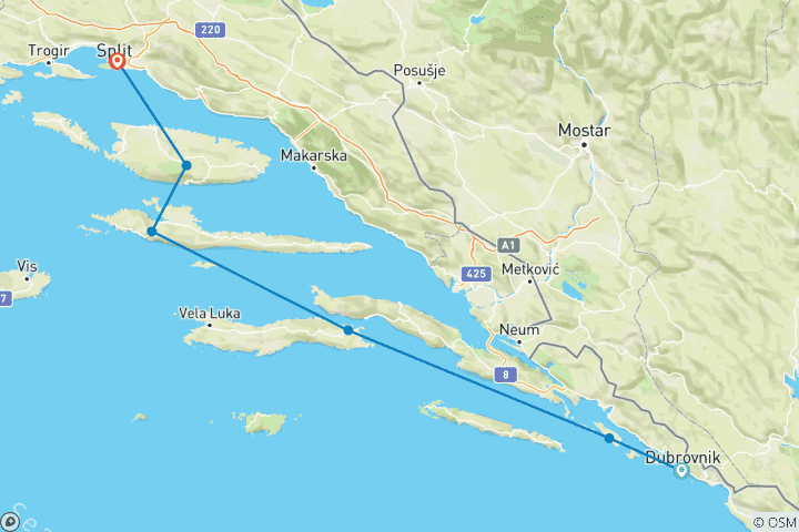 Mapa de Aventura Adriática Dubrovnik → Split (2027)