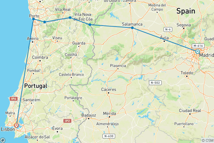 Carte du circuit Les délices du Douro avec Madrid et Lisbonne Madrid → Lisbonne (2027)