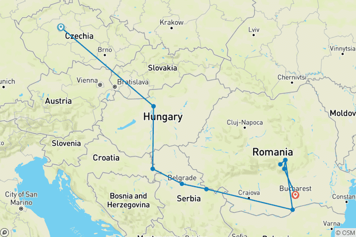 Carte du circuit Joyaux des Balkans avec Prague et la Transylvanie Prague → Bucarest (2027)