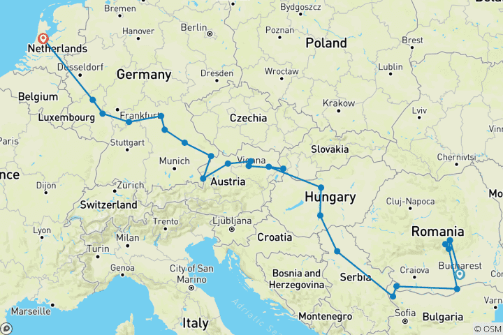 Carte du circuit Grand Voyage en Europe avec la Transylvanie Bucarest → Amsterdam (2027)