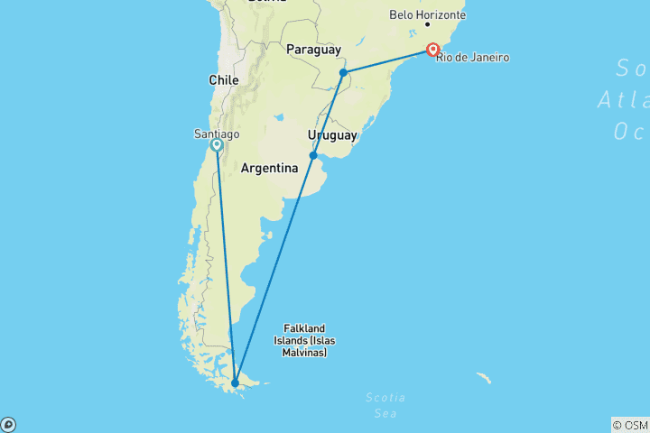 Carte du circuit De Santiago à Rio en 14 jours - Voyage 5 étoiles à travers les icônes de l'Amérique du Sud