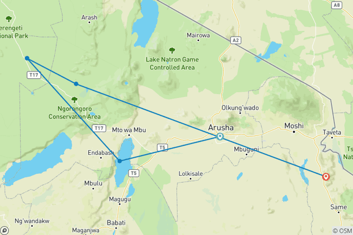 Carte du circuit Safari de 6 jours en Tanzanie (Northern Explorer)