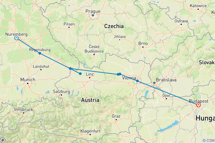 Carte du circuit Découverte du Danube 2025 - 8 jours (from Nuremberg to Budapest)