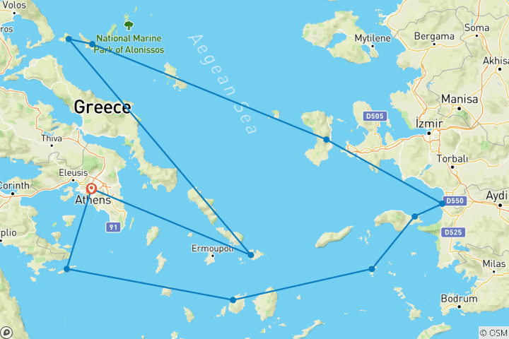 Karte von Segeln zu den weniger bereisten griechischen Inseln, Mykonos und der Türkei