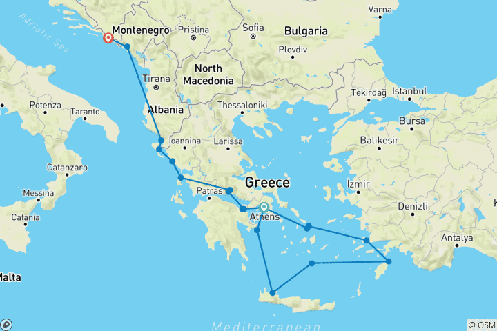 Mapa de Descubre los Clásicos de la Costa 2027 - 15 Días (from Atenas to Dubrovnik)