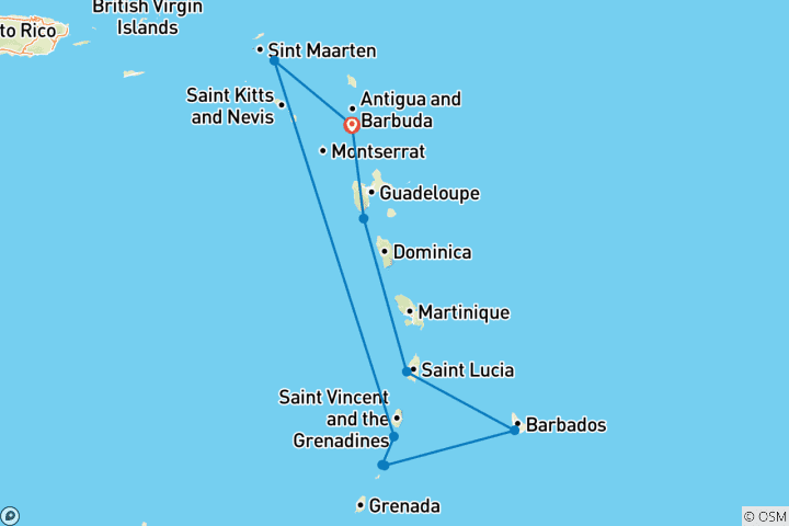 Carte du circuit L'enchantement des Caraïbes : aller-retour à Antigua