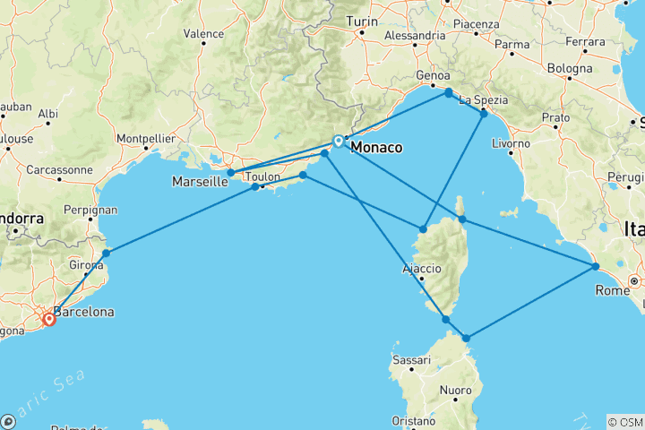 Carte du circuit Découvrez la Côte d'Azur jusqu'à la Catalogne