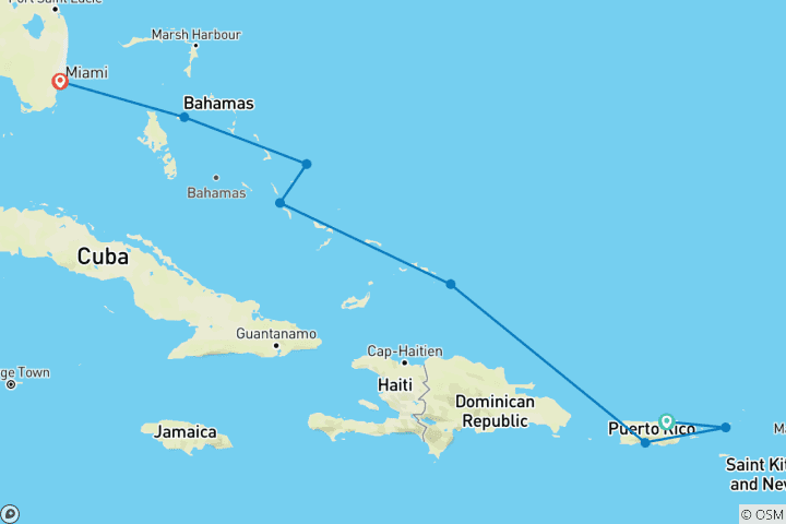 Carte du circuit Plages paradisiaques des îles Vierges américaines aux Bahamas