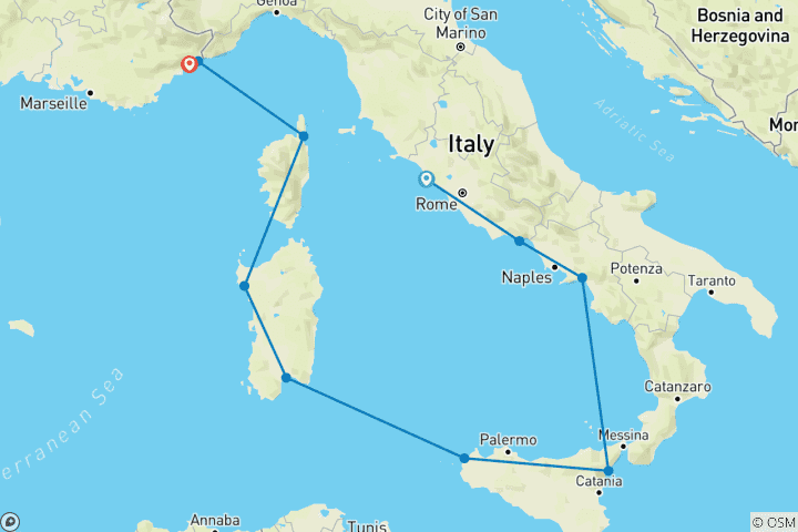 Map of Italy's Islands, Corsica to Monaco