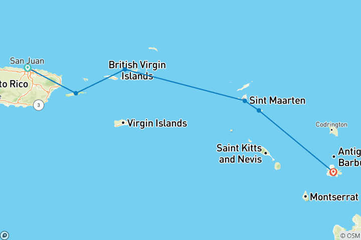 Carte du circuit Cachettes pour la navigation de plaisance dans les Caraïbes 2027-2028