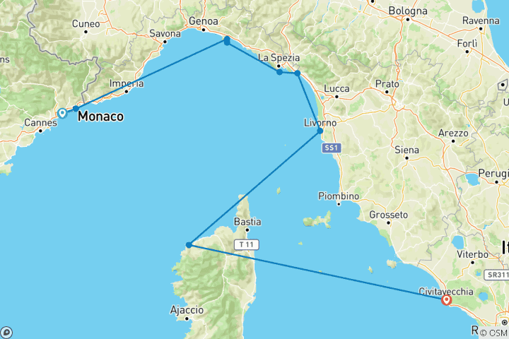 Carte du circuit Rivières françaises et italiennes avec la Corse 2027 - 8 jours (from Nice to Civitavecchia)