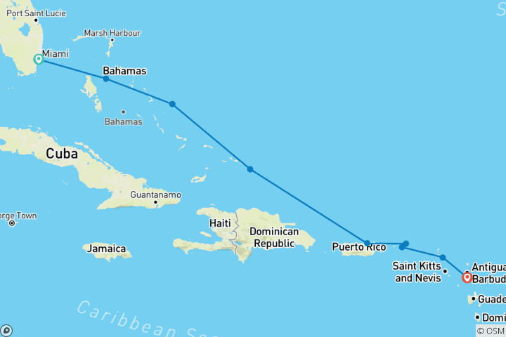 Kaart van Caribische bries: Miami naar Antigua