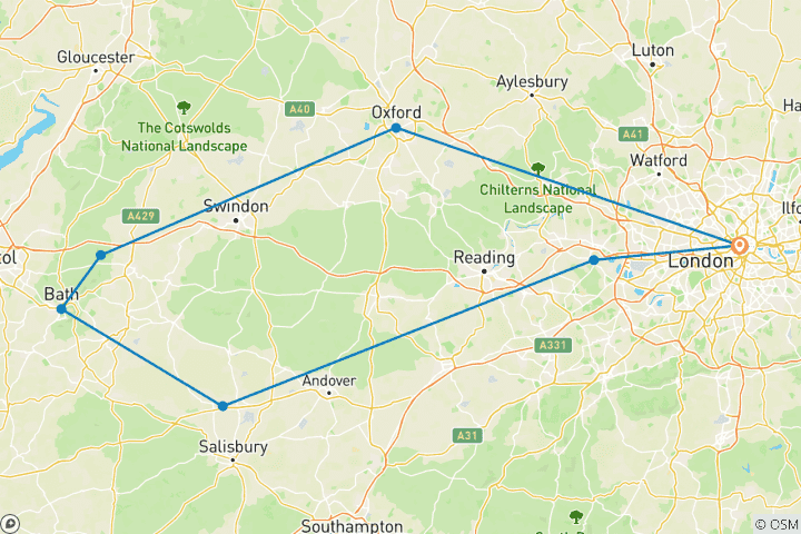 Carte du circuit Windsor, Stonehenge, Bath et Oxford au départ de Londres - 2 jours