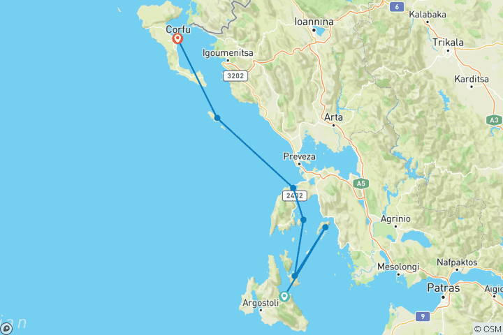Map of Greece Sailing Adventure: Kefalonia to Corfu (from Sami to Corfu)