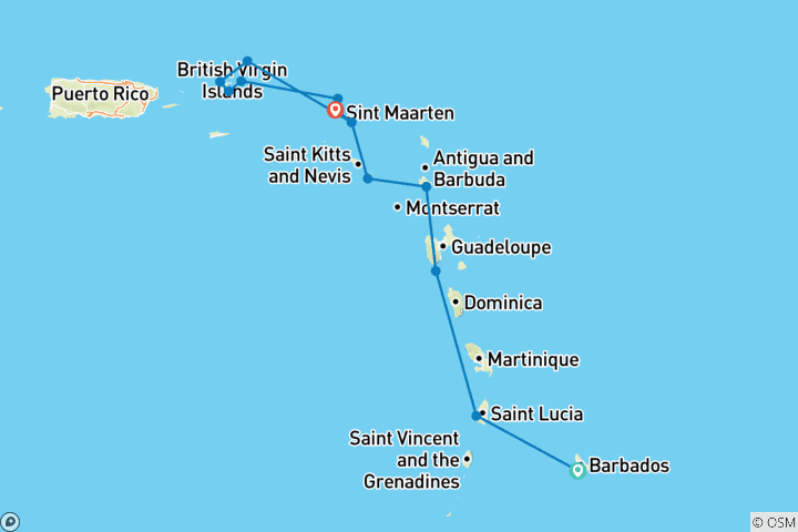 Carte du circuit Découvrez les perles des Caraïbes 2027-2028 - 15 jours (from Bridgetown to Marigot)