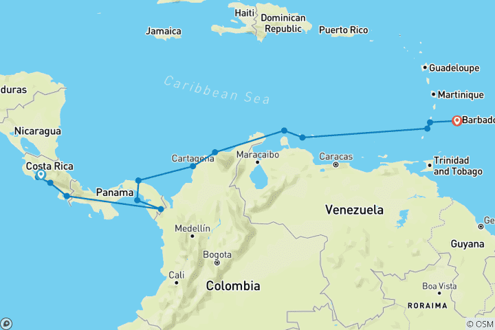 Map of Discover the Secrets of Panama and Costa Rica 2028 - 19 Days (from Caldera to Bridgetown)