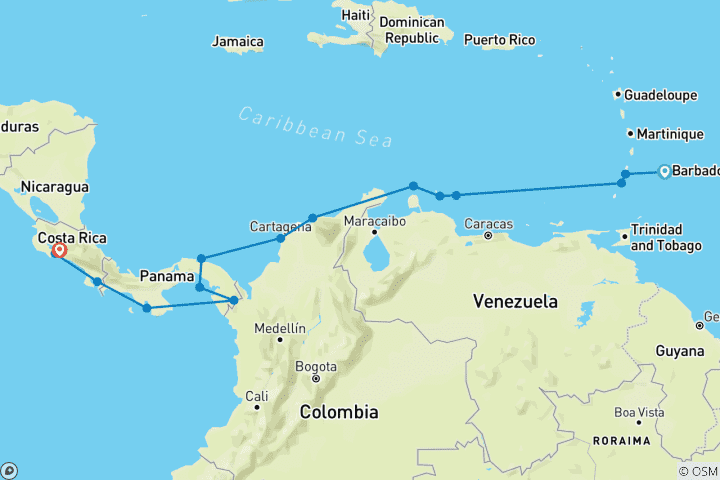 Karte von Entdecken Sie die Geheimnisse von Panama und Costa Rica 2028 - 19 Tage (von Bridgetown bis Caldera)