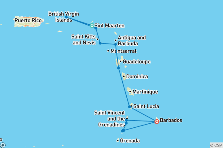 Carte du circuit Découvrez les Caraïbes orientales et les Grenadines 2028 - 15 jours (from Philipsburg to Bridgetown)