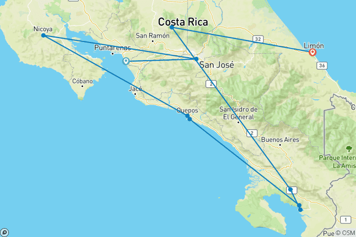 Map of Costa Rica, Panama from the Atlantic to the Pacific via the Panama Canal