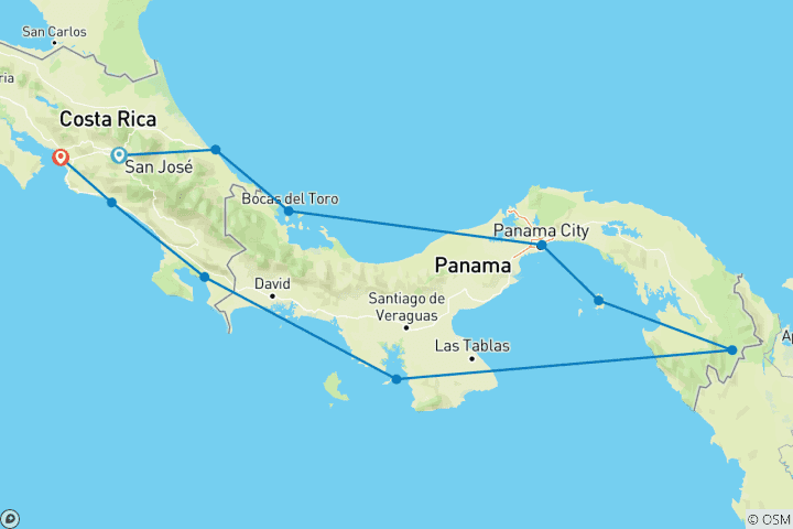 Map of Costa Rica, Panama from the Pacific to the Atlantic via the Panama Canal