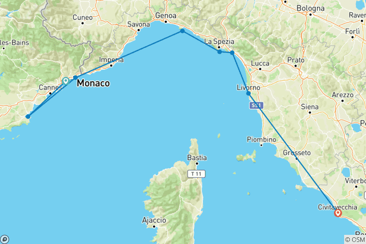 Carte du circuit Le charme de la Riviera, y compris le Grand Prix de Monaco