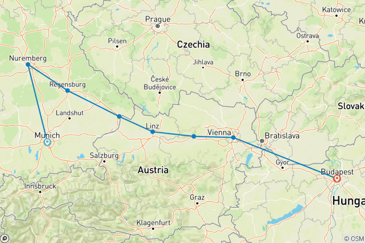 Carte du circuit Marchés de Noël sur le Danube Nuremberg → Budapest (2027)