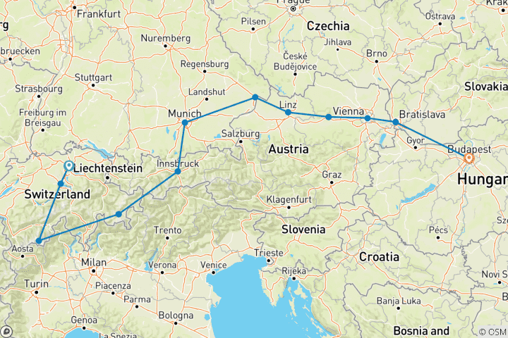 Map of Alpine Discovery and Highlights of the Danube Zurich → Budapest (2027)