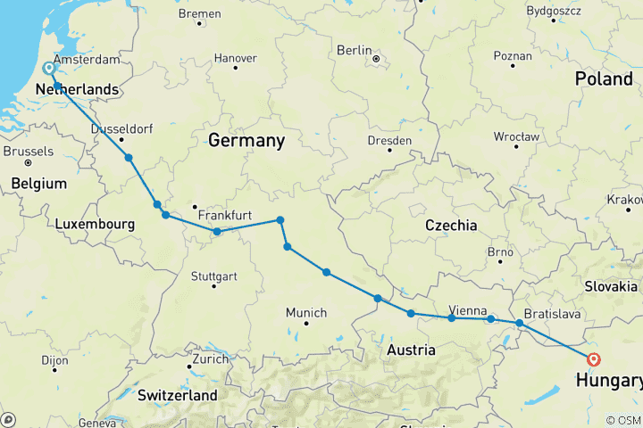 Map of European Gems Amsterdam → Budapest (2027)