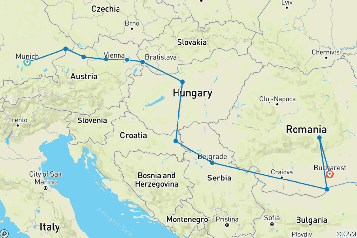 Map of Grand Danube with Munich and Transylvania  Munich → Bucharest (2027)
