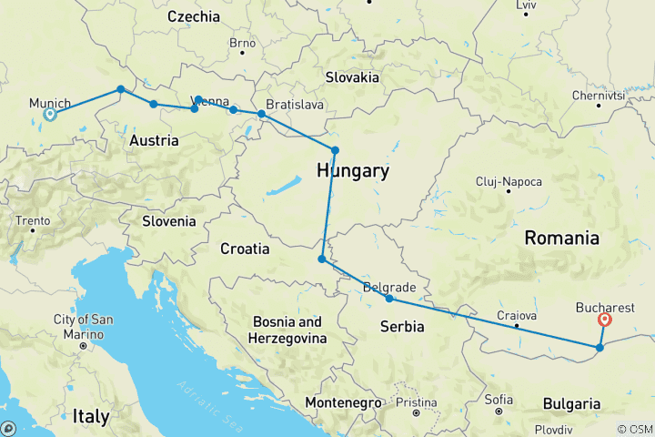 Map of Grand Danube Munich → Bucharest (2027)