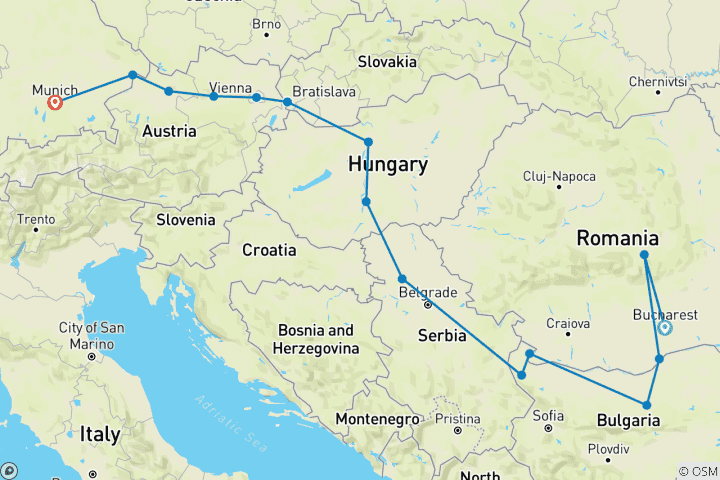 Map of Grand Danube with Transylvania and Munich Bucharest → Munich (2027)