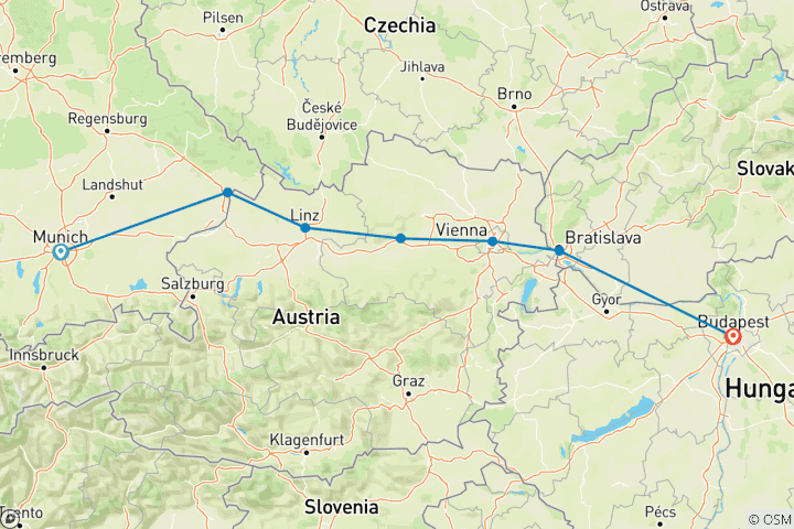 Carte du circuit Points forts du Danube Munich → Budapest (2027)