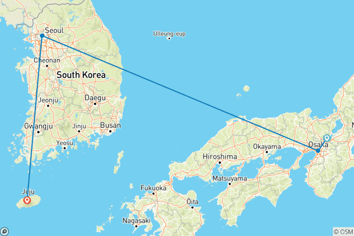 Carte du circuit 13 jours de promenade sur l'île et dans la ville de Jeju : Japon et Corée du Sud (guide et chauffeur privés）Voyage en famille personnalisable)