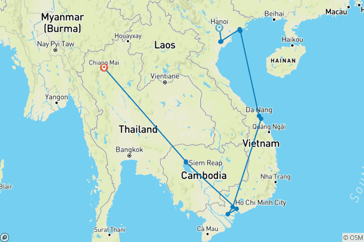 Karte von 16 Tage Tour & Strandurlaub in Vietnam, Kambodscha & Thailand