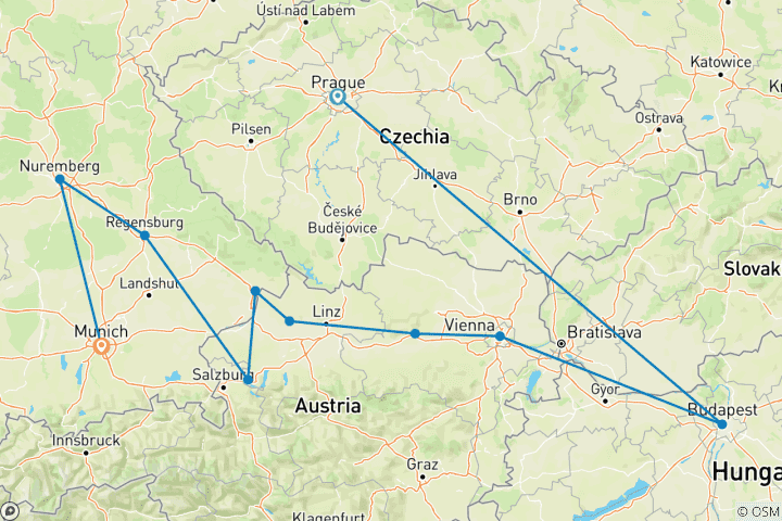 Map of Christmas Markets on the Danube with  Prague and Munich Prague → Munich (2027)