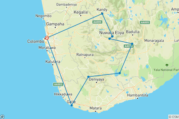 Carte du circuit 10 nuits et 11 jours - Circuit touristique privé au Sri Lanka