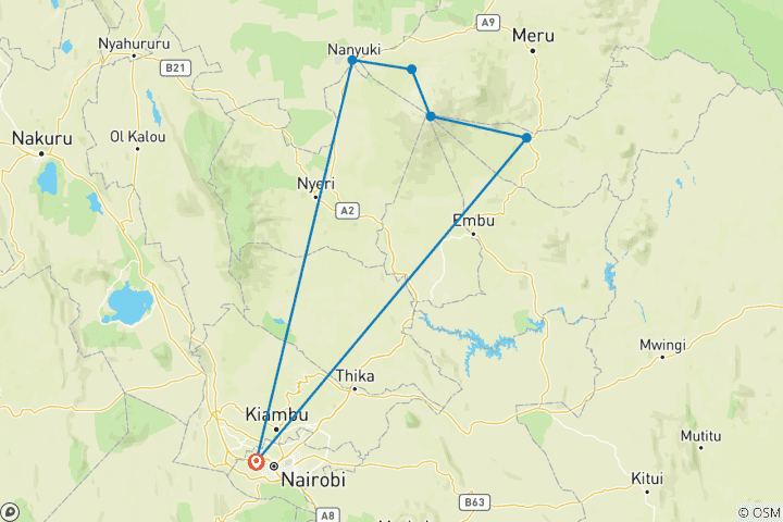 Carte du circuit Trek autour du Mont Kenya en empruntant les itinéraires de Sirimon Chogoria - 5 jours
