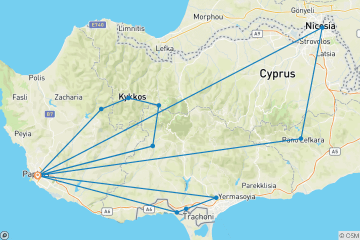 Carte du circuit 8 jours à Chypre : Une tapisserie d'histoire, de mythes et de vie méditerranéenne (arrivée le mardi)